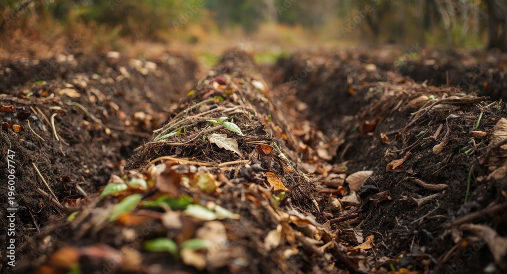 Obraz premium Effective fertilizer creation by composting organic waste in windrow formations