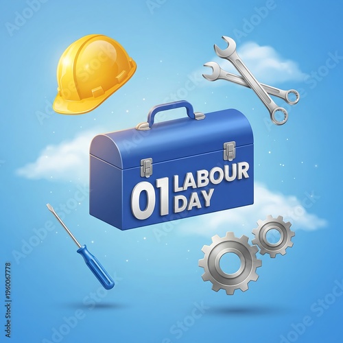 Labour Day celebration with tools and hard hat floating on blue sky background