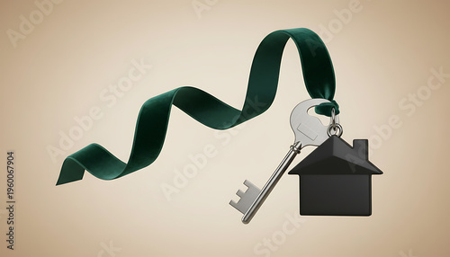 Silver key with house charm on green velvet ribbon