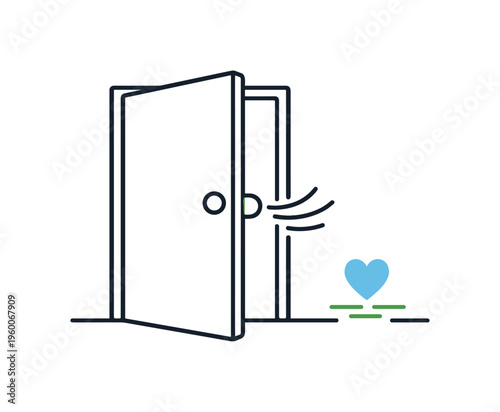 Preventing door slamming and reducing household noise disturbances highlighting comfort and considerate living, a door with a small soft stopper and minimal motion lines expressing