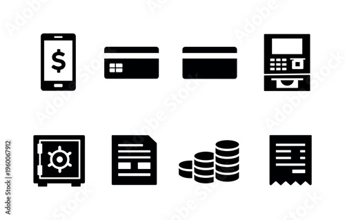 Personal banking tools: mobile banking app, credit card, debit card, atm machine, safe vault, transaction history, coin stack, payment receipt