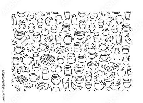 Simple breakfast food doodle pattern with fried egg, boiled egg, toast, bread slice, croissant, pancake, waffle, butter, jam jar, honey jar, milk bottle, cereal bowl, spoon, coffee