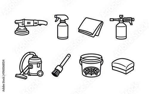 Car detailing equipment: polishing machine, spray bottle, microfiber cloth, foam cannon, vacuum cleaner, detailing brush, bucket with grit guard, tire applicator pad