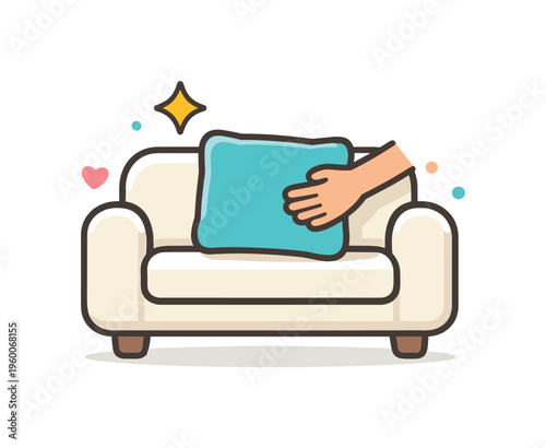 Straightening a pillow on a sofa as part of a small daily habit focused on maintaining a neat and comfortable living space, a sofa with a single pillow being adjusted and a small