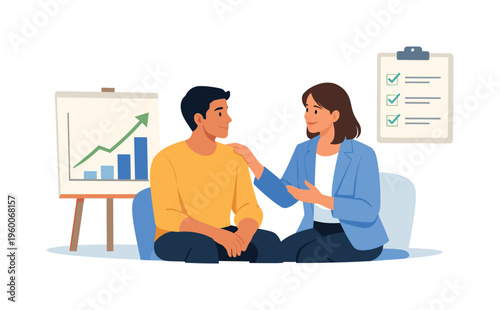 A performance improvement plan discussion and professional support scene showing a manager guiding an employee beside a simple upward recovery chart and a minimal checklist element