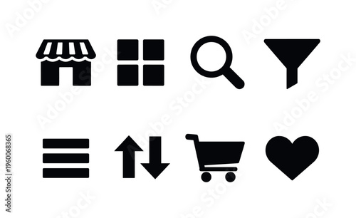 E-commerce navigation: storefront, product grid, search icon, filter funnel, sort arrows, category menu, shopping cart, wishlist heart