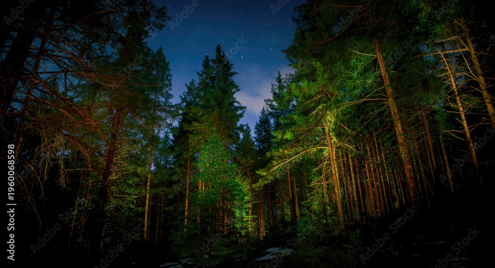 Obraz premium Mystical nighttime pine forest glowing with surreal lights and long exposure effect