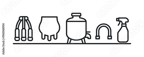Milking automation systems and dairy equipment workflow for efficient milk extraction and hygienic processing in modern livestock farming, milking machine cluster, cow udder symbol