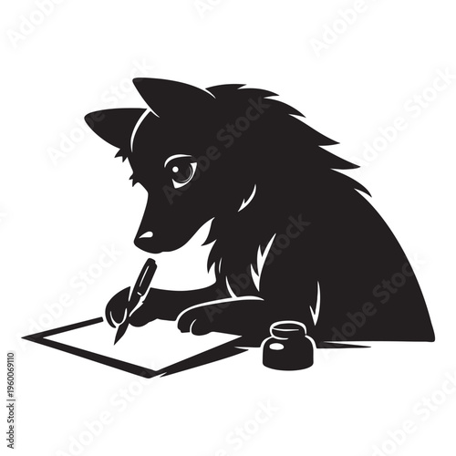 Black silhouette of a dog writing on paper with a pen, creative canine author vector illustration, pet writer mascot with inkwell and stationery
