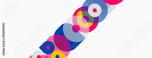 Abstract colorful circles overlap diagonally. Bright hues create dynamic visual pattern. Minimalist design, modern aesthetic.