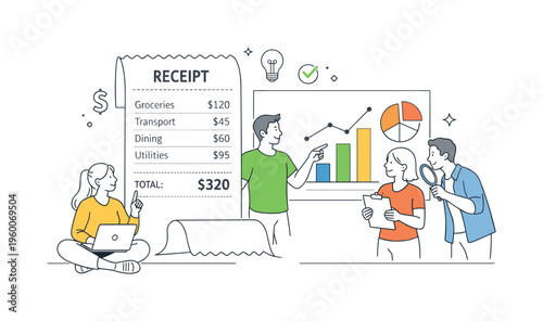 A digital expense tracking and financial transparency scene showing individuals monitoring spending and understanding costs together around a large receipt and a simple chart