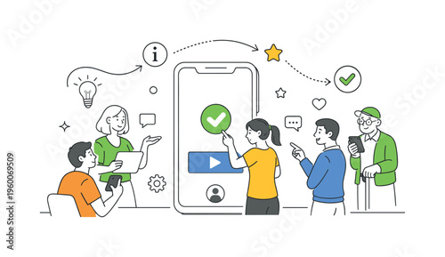 A mobile app onboarding and user experience design scene showing designers and users exploring features together around a large smartphone and a simple guiding arrow path, using