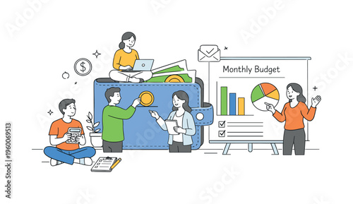 A financial budgeting and expense tracking scene showing individuals managing monthly spending together around a large wallet and a simple chart, using the wallet and chart as the