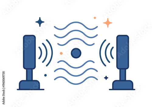 Acoustic levitation of small particles using standing sound waves in experimental physics setups, a tiny object suspended mid air between two emitters with wave nodes indicated