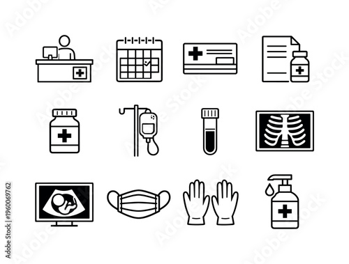 Medical care services: clinic reception, appointment calendar, health insurance card, prescription paper, pharmacy bottle, IV drip, blood test vial, X-ray image, ultrasound screen