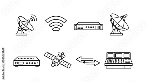 Satellite communication equipment: satellite dish, signal waves, transponder box, ground station antenna, modem unit, orbiting satellite, control console, data link arrows