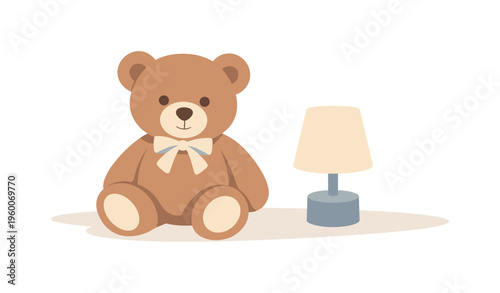 Simple lifestyle scene showing a toy bear placed as a comforting decorative object in a childs personal space, with a minimal setup of a teddy bear and one subtle surrounding