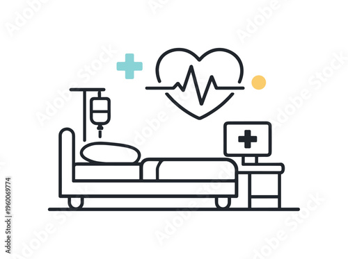 Patient care environment in a healthcare facility focused on providing monitored treatment and recovery support within organized medical spaces, a simple hospital bed icon paired