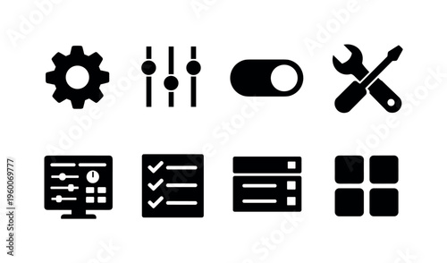 System configuration settings: gear, sliders controls, toggle switch, wrench, screwdriver, control panel, checkbox list, settings menu