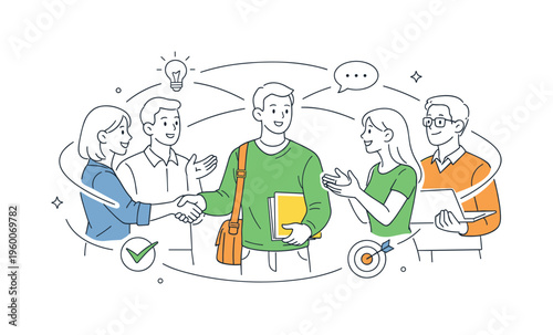A workplace collaboration setting where teams welcome and integrate new colleagues into ongoing projects and company culture, illustrated by a small group interacting with a