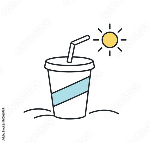 Casual relaxation break and enjoying light refreshing moments during everyday leisure time outdoors, a minimal juice cup combined with a small sun symbolizing vitality, comfort