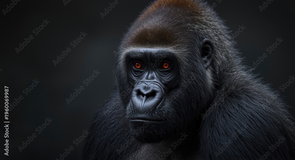 Obraz premium Portrait of a gorilla with glowing scarlet eyes in a muted backdrop