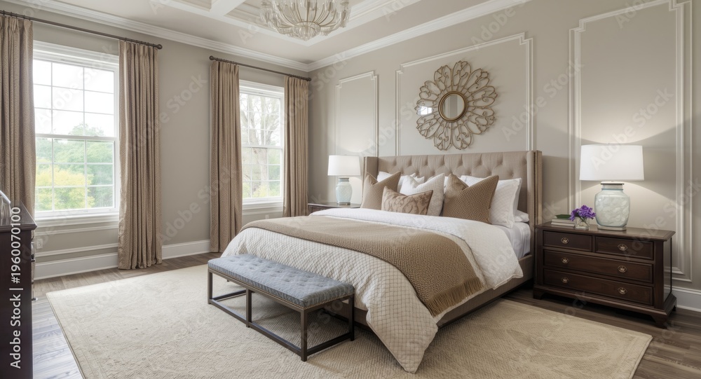 Fototapeta premium Room with classic wall design and oversized king duvet cover in large bedroom