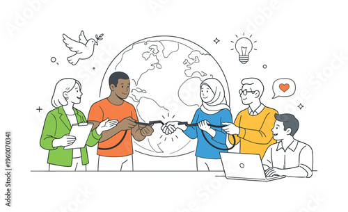 An international team working on peacebuilding and cooperation strategies amid global challenges in a modern policy environment, illustrated by a simple globe paired with a broken