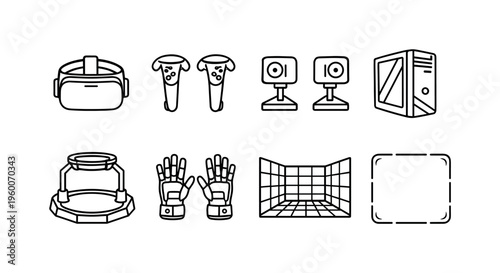 Virtual reality gaming setup: vr headset, motion controllers, tracking sensors, gaming pc tower, vr treadmill, haptic gloves, virtual environment grid, player boundary zone