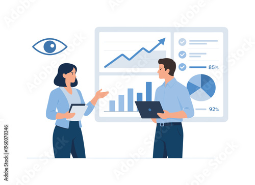 A workplace transparency dashboard monitoring and open metrics culture scene showing a professional reviewing shared performance data beside a simple analytics panel and a minimal