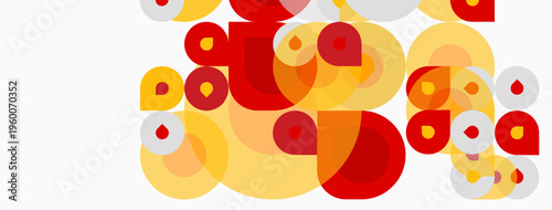 Abstract circles overlap, creating warm color palette. Yellows, oranges, reds dominate composition. Simple geometric shapes present modern aesthetic.