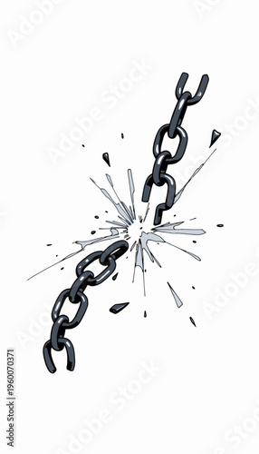 Illustration capturing the dramatic moment of a metal chain breaking into fragments with dynamic force and tension, symbolizing freedom, strength, and resilience.
