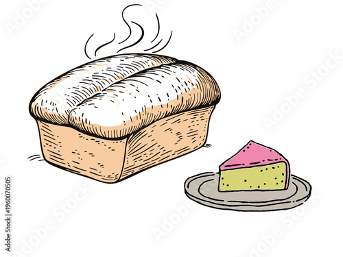 Freshly baked loaf steams gently beside a slice of cake. Simple sketch style highlights textures and warmth. Ideal for cozy, homey