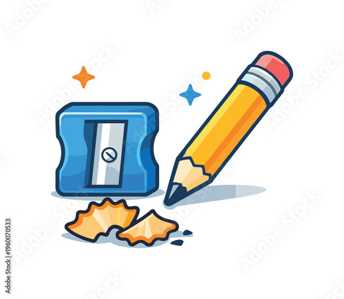 Sharpening pencils routine influenced by everyday school and office traditions of preparing tools for writing tasks, a pencil sharpener paired with a pencil and small shavings