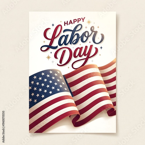 Happy Labor Day greeting card with waving American flag and festive stars