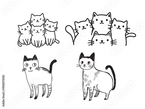Cute cartoon cats in various poses and groups. Simple line drawings, charming and playful. Perfect for kids' books or playful designs