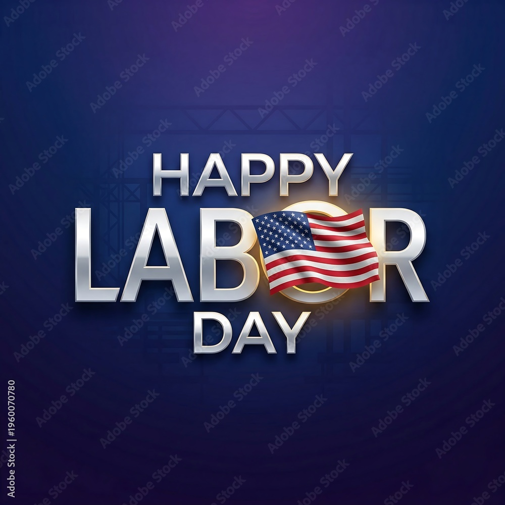 Fototapeta premium Happy Labor Day celebration with glowing USA flag and festive text on dark background