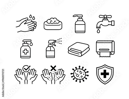 Hand hygiene set: washing hands, soap bar, liquid soap dispenser, water tap, hand sanitizer, disinfect spray, towel, paper towel, clean hands checkmark, dirty hands cross, bacteria