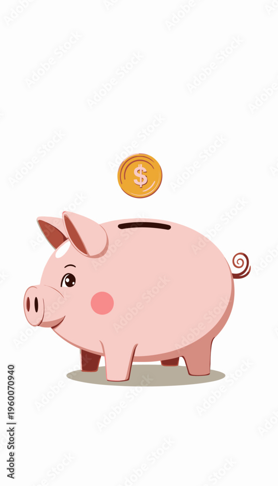 Fototapeta premium Illustration of a Pink Piggy Bank with a Coin Dropping Above, Symbolizing Saving Money and Personal Finance