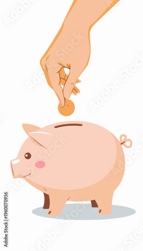 Hand Placing Coin into Pink Piggy Bank: Illustration of Financial Savings and Wealth Accumulation Concept