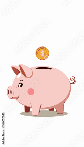 Illustration of a Pink Piggy Bank with a Coin Dropping Above, Symbolizing Saving Money and Personal Finance