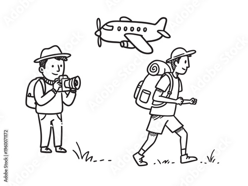 Two travelers explore outdoors. One photographs the scenery. Another walks with gear. Plane flies overhead. Simple line drawing