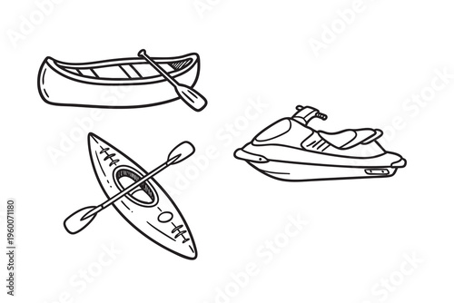 Simple line drawing shows three watercraft. Canoe with paddle rests beside a kayak. Jet ski completes the set