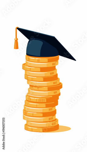 Illustration of Academic Achievement and Financial Growth: Graduation Cap Atop Stack of Gold Coins Representing Higher Education Costs and Investment