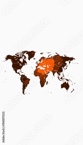 Illuminated World Map with Highlighted Region in Orange and Dark Brown, Featuring Outlined Continental and Country Borders on White Background