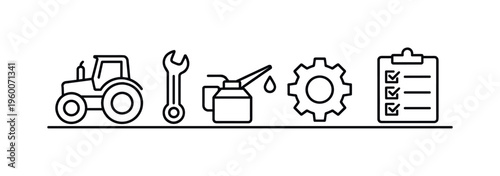 Agricultural machinery maintenance and tractor service workflow for reliable equipment performance and efficient field operations in farming industry, tractor, wrench, oil can