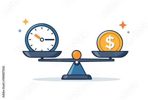Trade off and prioritizing limited resources in business or personal planning, a balance scale with a clock on one side and a coin on the other symbolizing time versus money