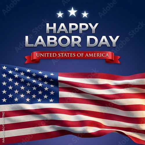 Happy Labor Day USA celebration banner with waving American flag and stars
