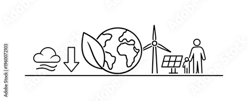 Environmental sustainability and global warming mitigation highlighting renewable thinking, emission reduction, and long-term ecological balance for future generations, globe, leaf