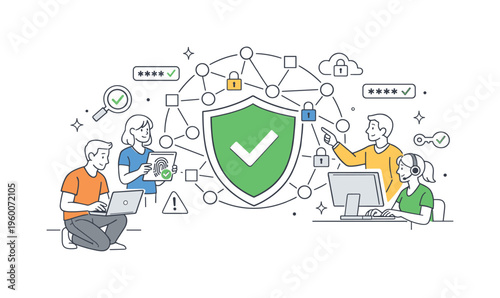A zero trust security and network access control scene showing IT professionals verifying every connection and securing systems together around a large shield and a simple network